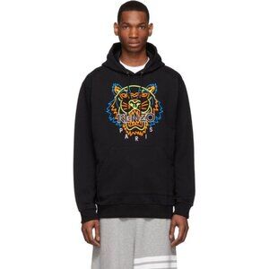Kenzo Paris Icon Neon Embroidered Tiger Black Jumper Hoodie Mens Size Small